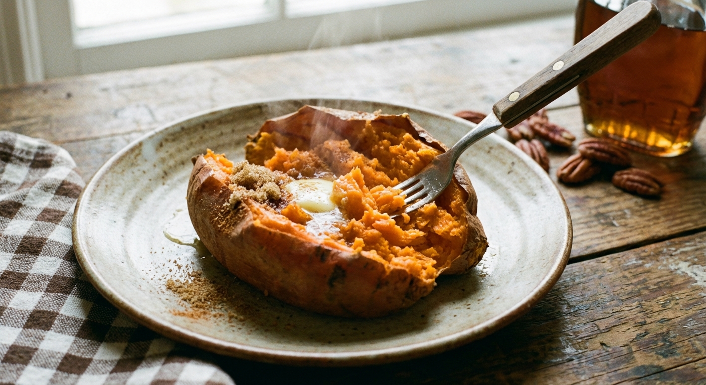 A sweet potato being split open on a plate with a fork fluffing the inside