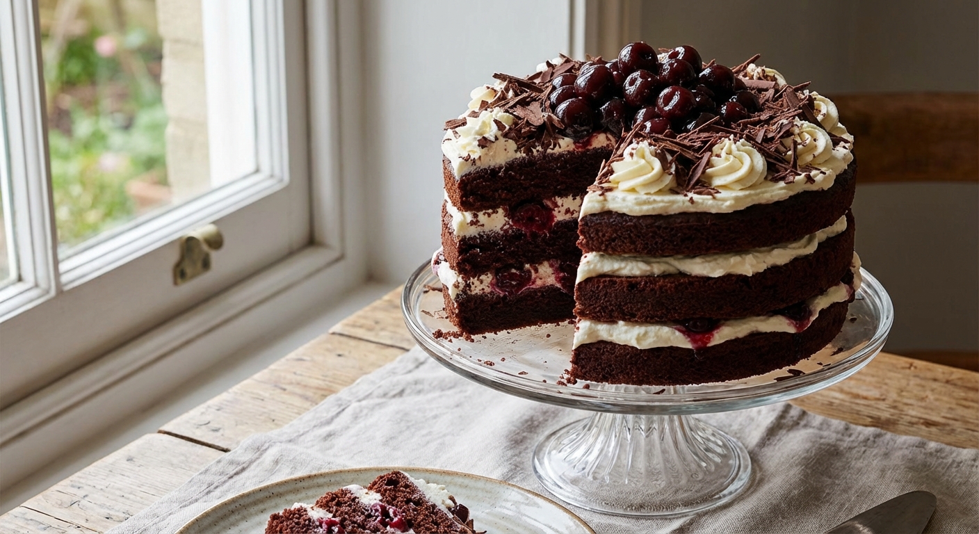 A tall Black Forest cake on a cake stand with chocolate sponge layers, whipped cream, glossy cherries on top, and chocolate shavings, photographed in natural window light