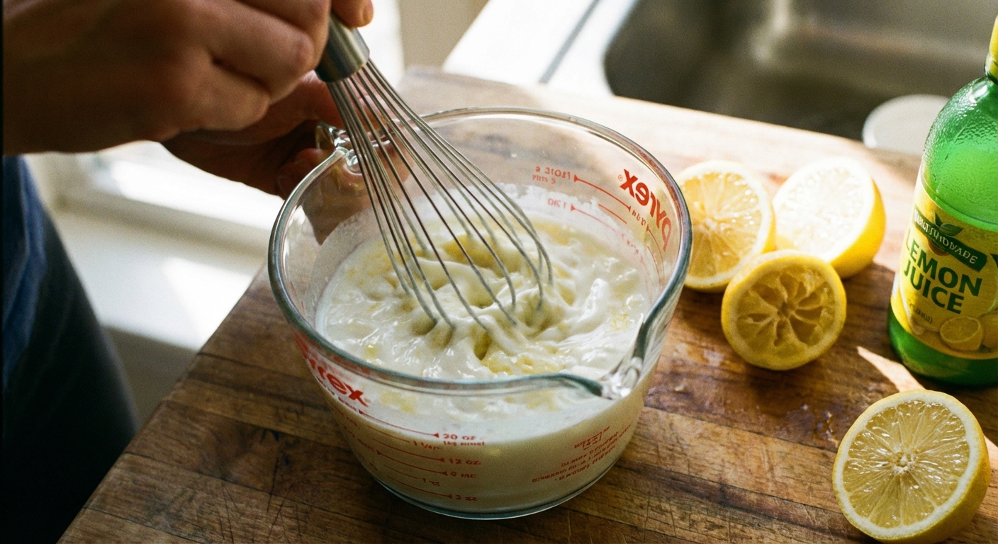 A whisk stirring milk with lemon juice in a clear measuring cup on a countertop