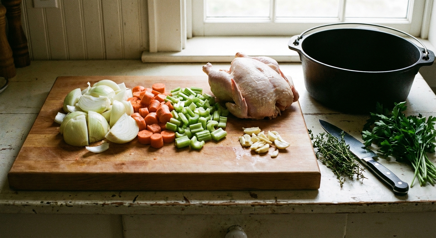 A wooden cutting board with roughly chopped onions, carrots, celery, and garlic next to a raw chicken carcass ready for making broth