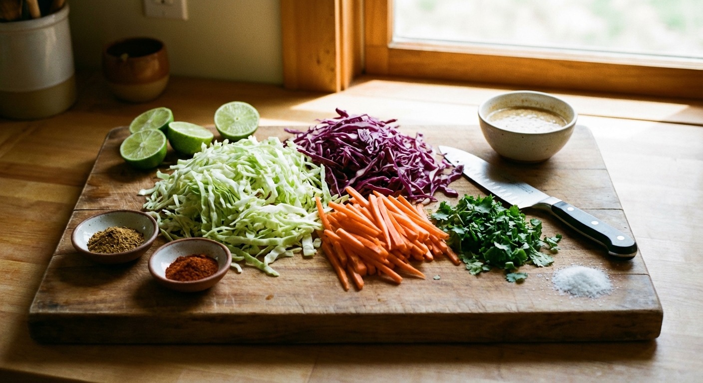 A wooden cutting board with shredded cabbage, carrots, cilantro, limes, and small bowls of spices