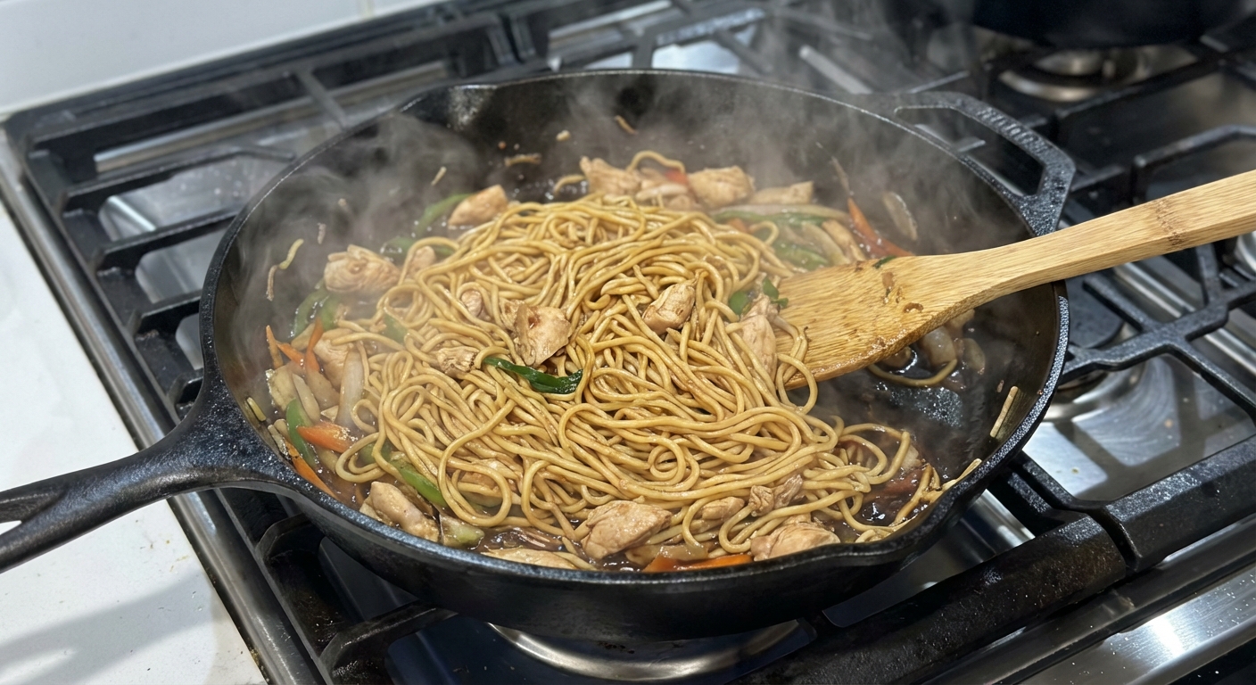 Chicken chow mein cooking in a large skillet with steam rising