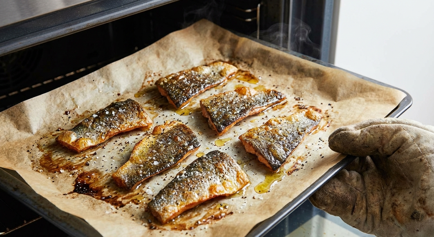 Crispy salmon skin pieces on a parchment-lined baking sheet fresh out of the oven