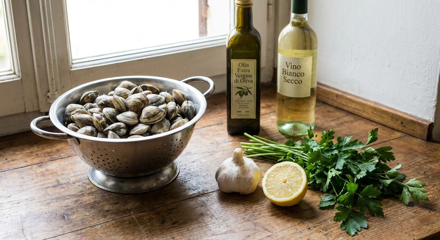 Fresh clams in a colander next to garlic, lemon, parsley, olive oil, and a bottle of dry white wine on a kitchen counter
