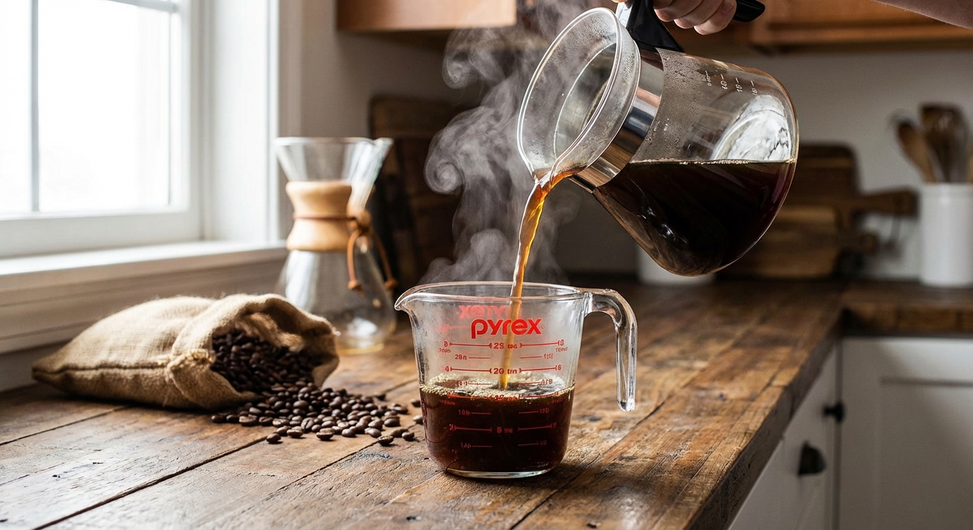 Freshly brewed coffee being poured into a heatproof measuring cup on a kitchen counter