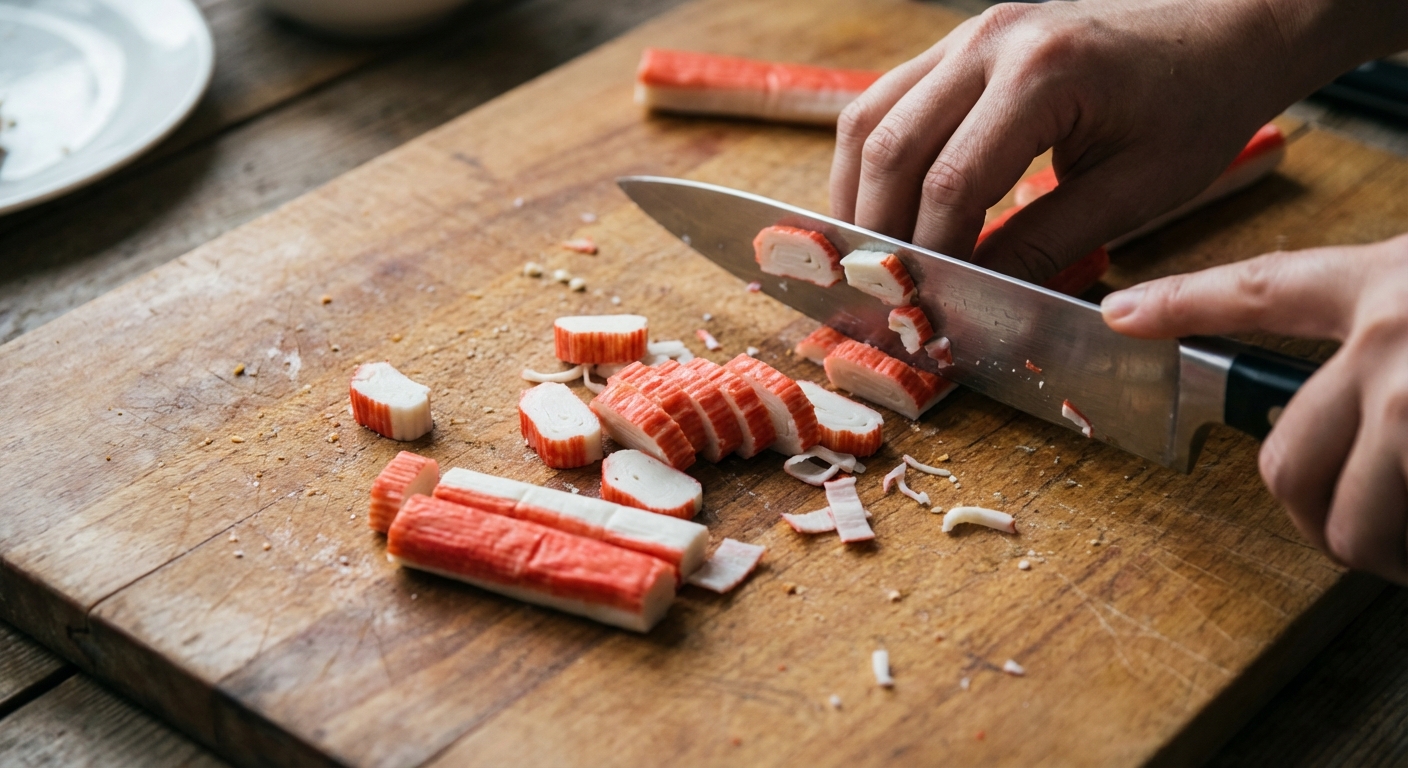 Imitation crab sticks being chopped on a cutting board with a chef's knife
