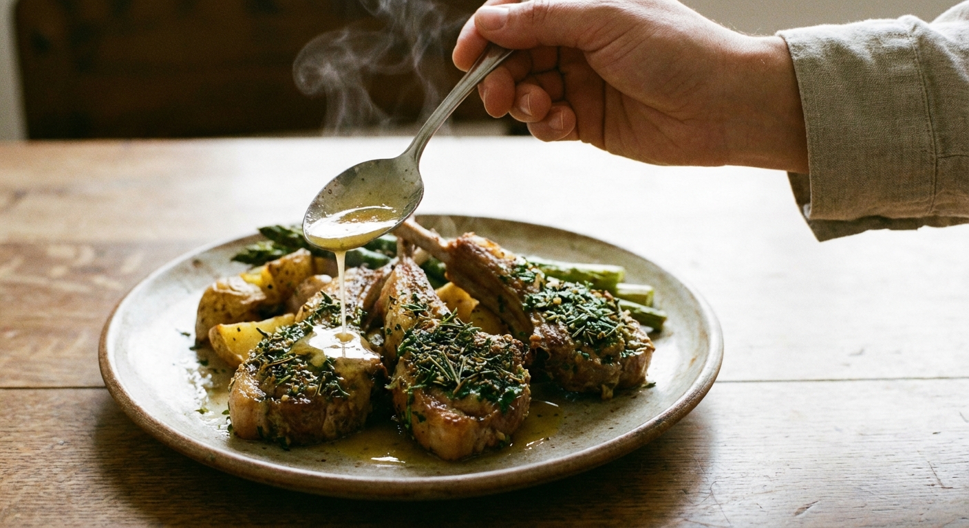 Photo of a hand spooning lemon pan sauce over herb-crusted lamb chops on a plate