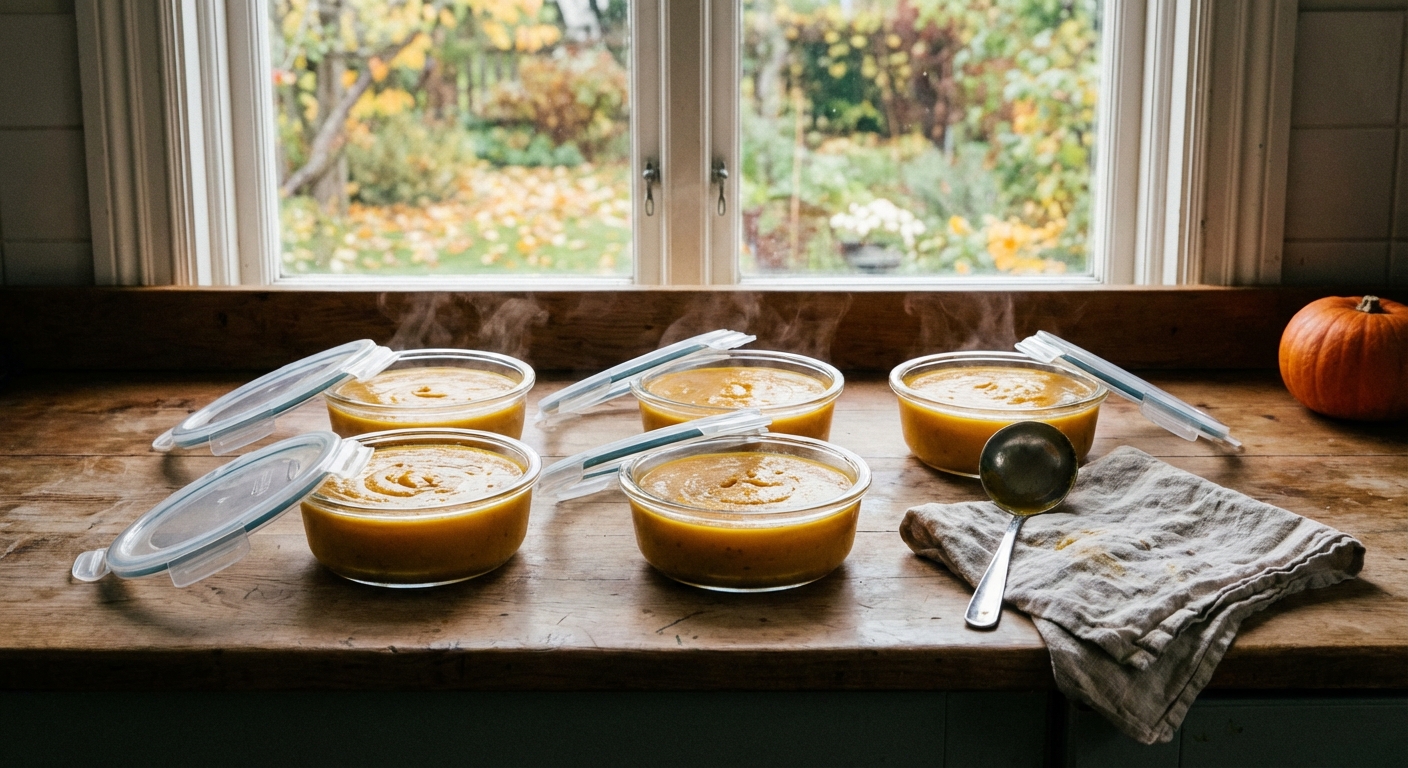 Pumpkin soup cooling in glass storage containers on a kitchen counter