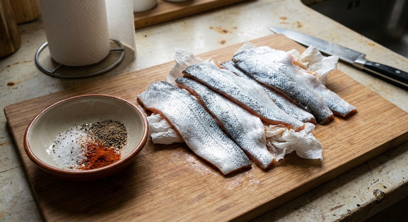 Raw salmon skin strips patted dry on a cutting board with paper towels and a small bowl of seasoning nearby
