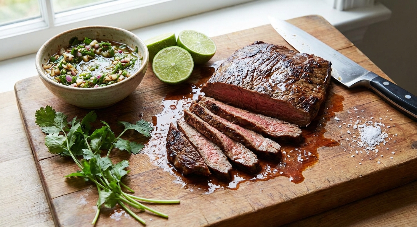 Sliced flank steak resting on a cutting board with a small bowl of fajita marinade and lime halves nearby