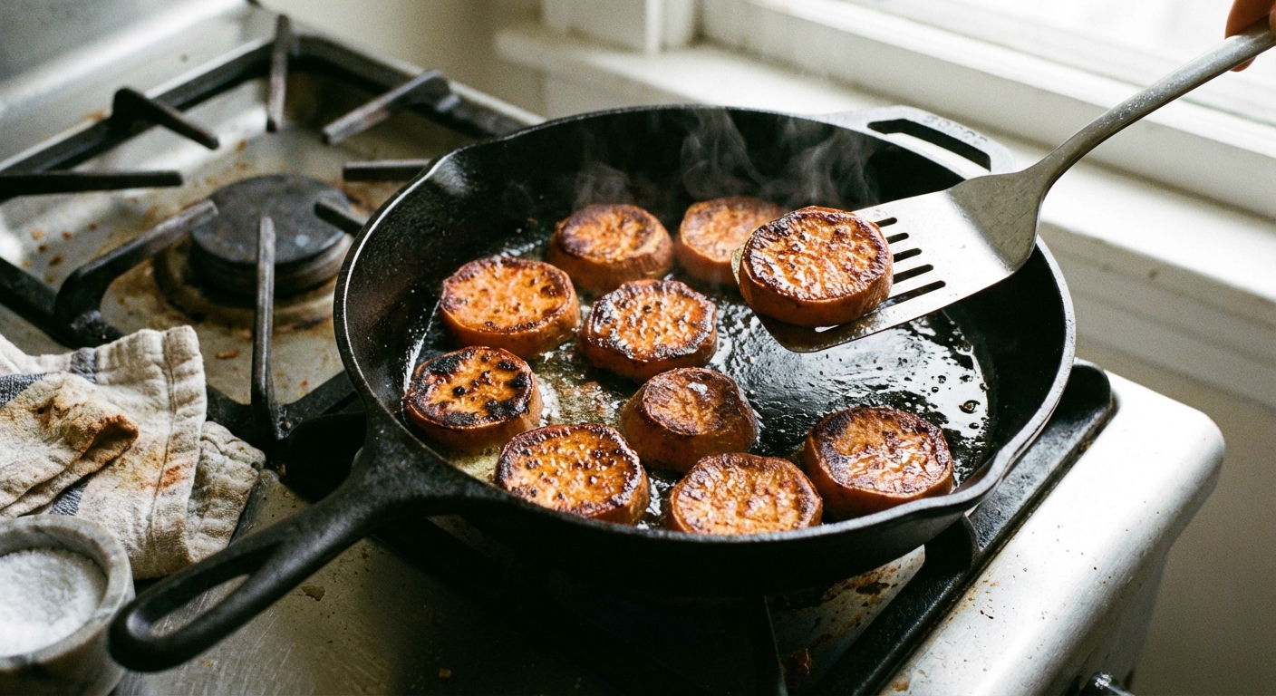 Sliced leftover sweet potato rounds browning in a skillet