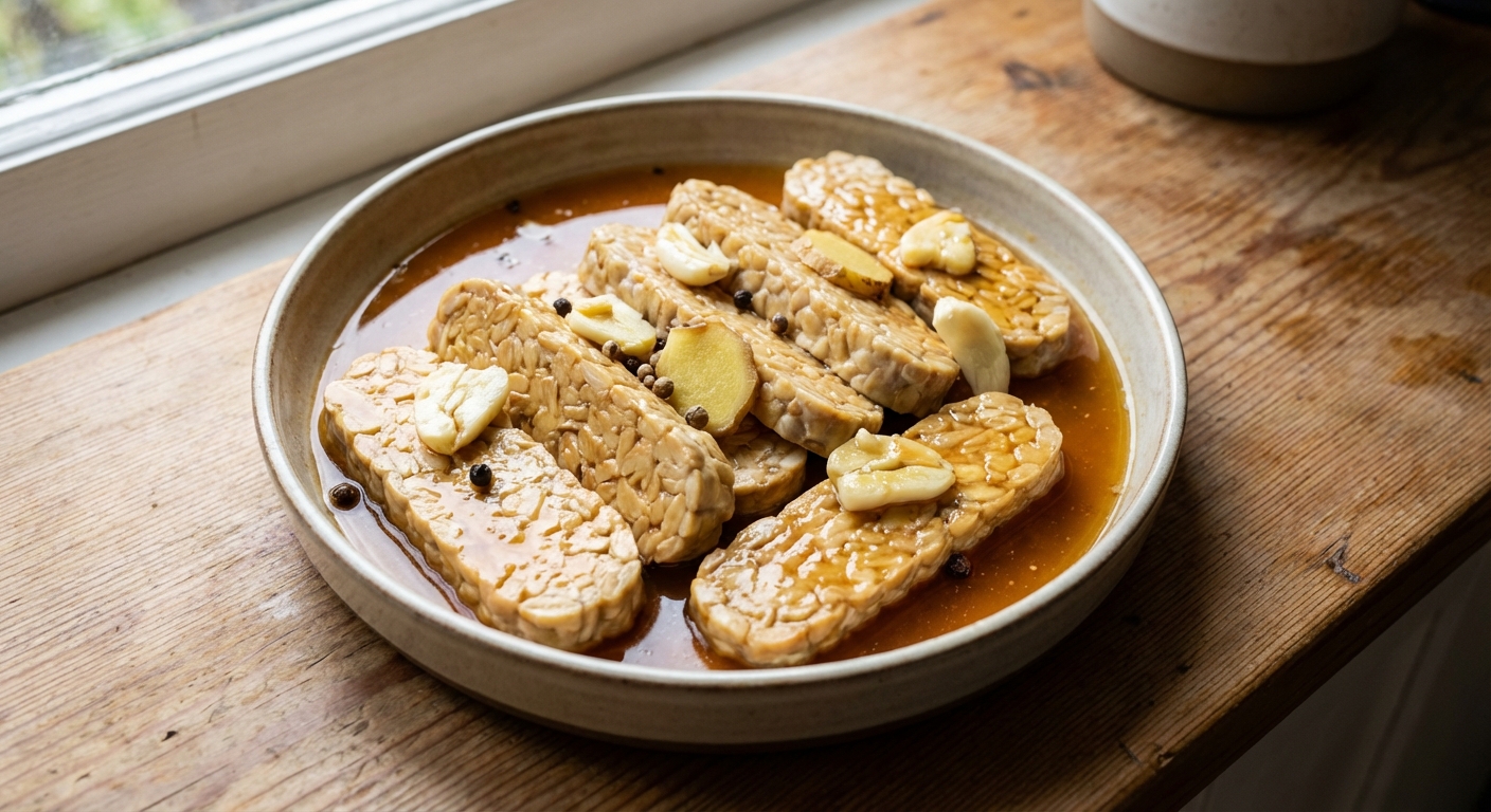 Sliced tempeh soaking in a shallow dish of amber-colored marinade with garlic and ginger pieces visible