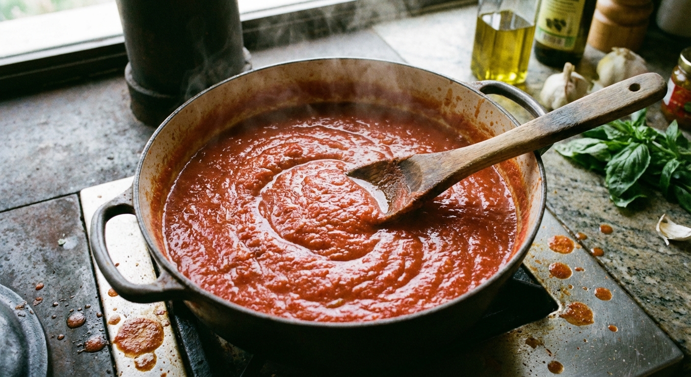 Tomatoes simmering in a wide pot as they reduce, with a wooden spoon stirring
