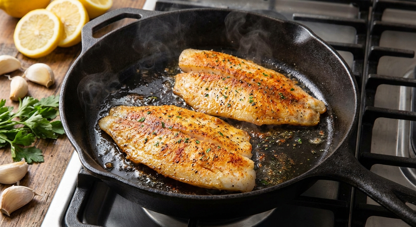 Two tilapia fillets searing in a cast iron skillet with a light sprinkle of seasoning
